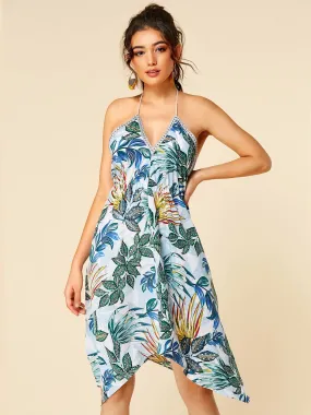 Wholesale Green V-Neck Sleeveless Printed Tassel Backless Hollow Self-Tie Handkerchief Hem Casual Dress