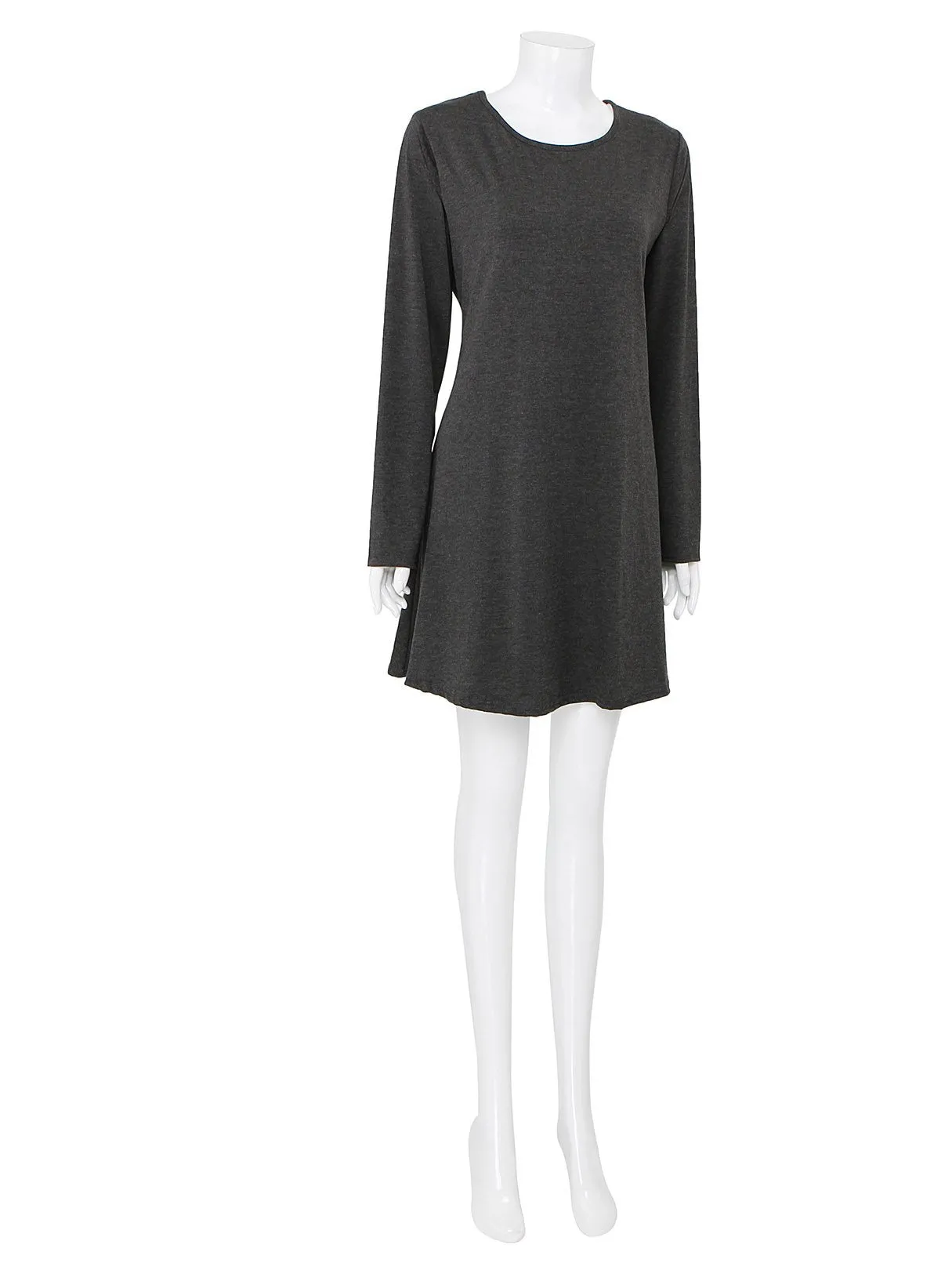Wholesale Grey Round Neck Long Sleeve Plain Curved Hem Casual Dresses