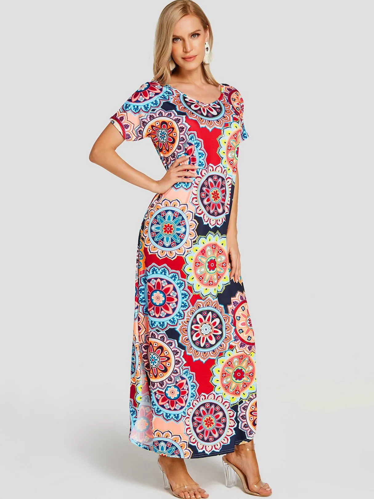 Wholesale Navy Round Neck Short Sleeve Floral Print Backless Slit Hem Casual Dress