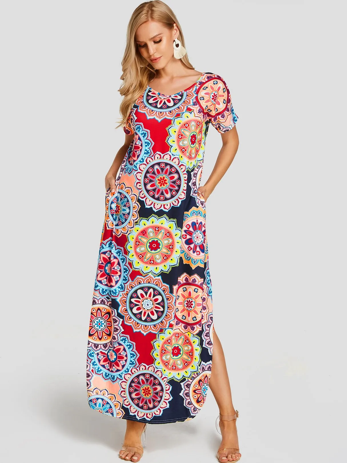 Wholesale Navy Round Neck Short Sleeve Floral Print Backless Slit Hem Casual Dress