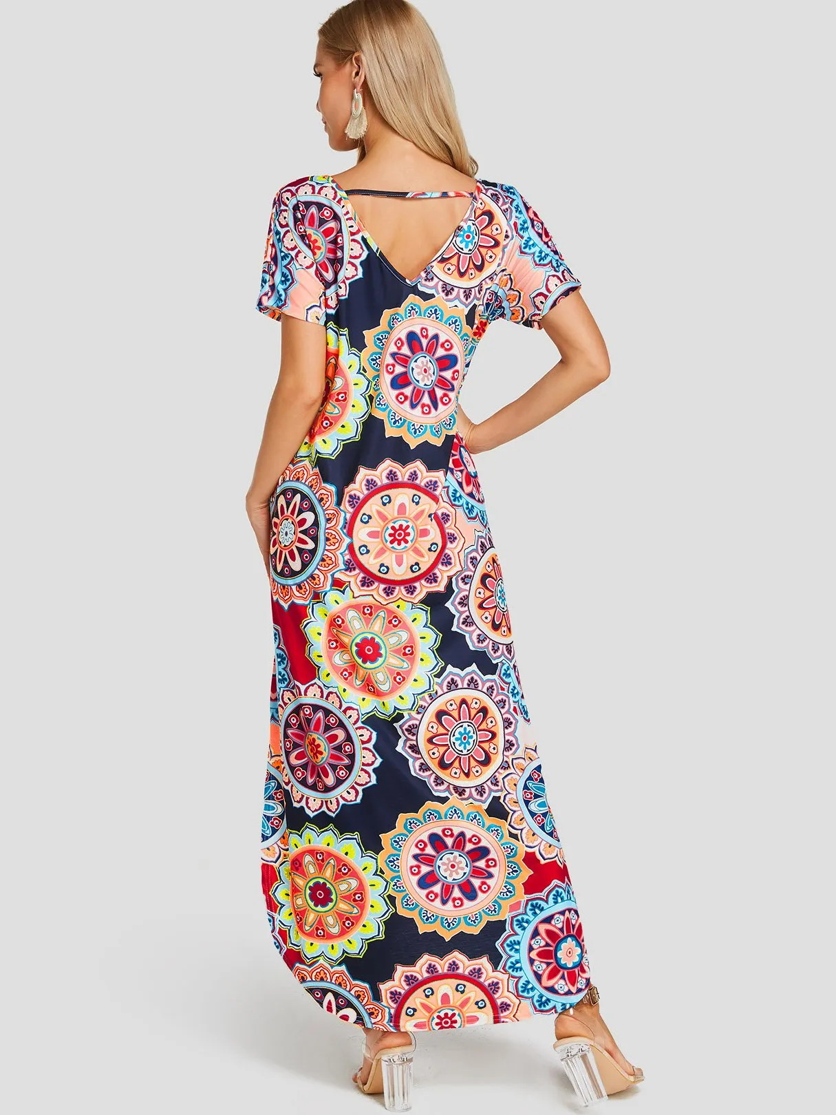 Wholesale Navy Round Neck Short Sleeve Floral Print Backless Slit Hem Casual Dress