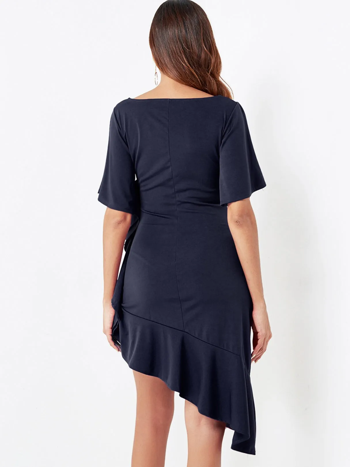 Wholesale Navy V-Neck Short Sleeve Irregular Flounced Hem Casual Dresses
