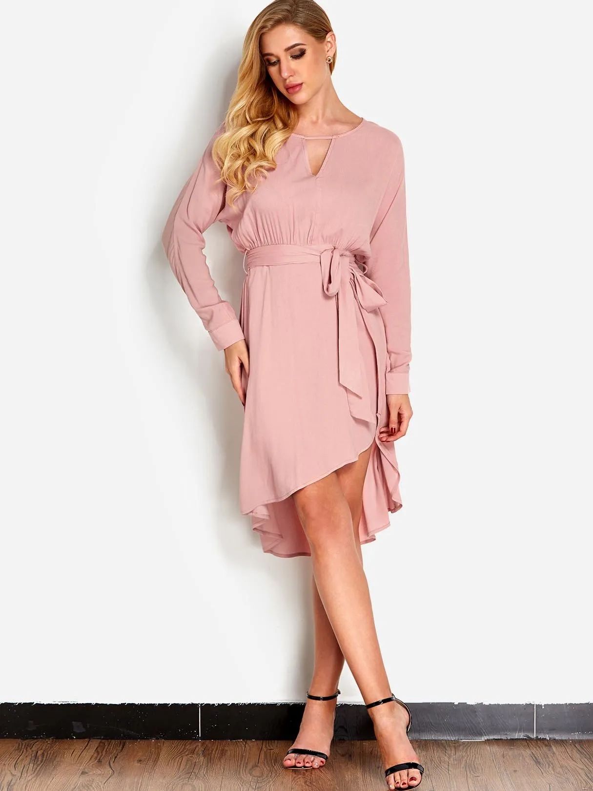 Wholesale Pink Crew Neck Long Sleeve Plain Cut Out Pleated Self-Tie Casual Dress