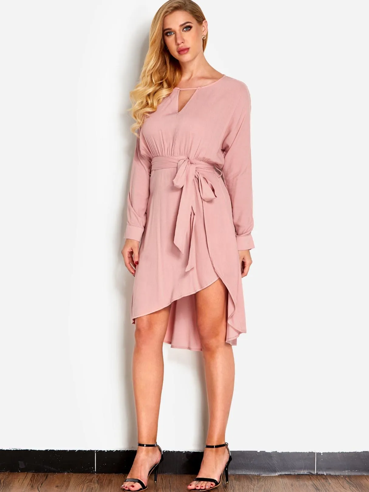 Wholesale Pink Crew Neck Long Sleeve Plain Cut Out Pleated Self-Tie Casual Dress