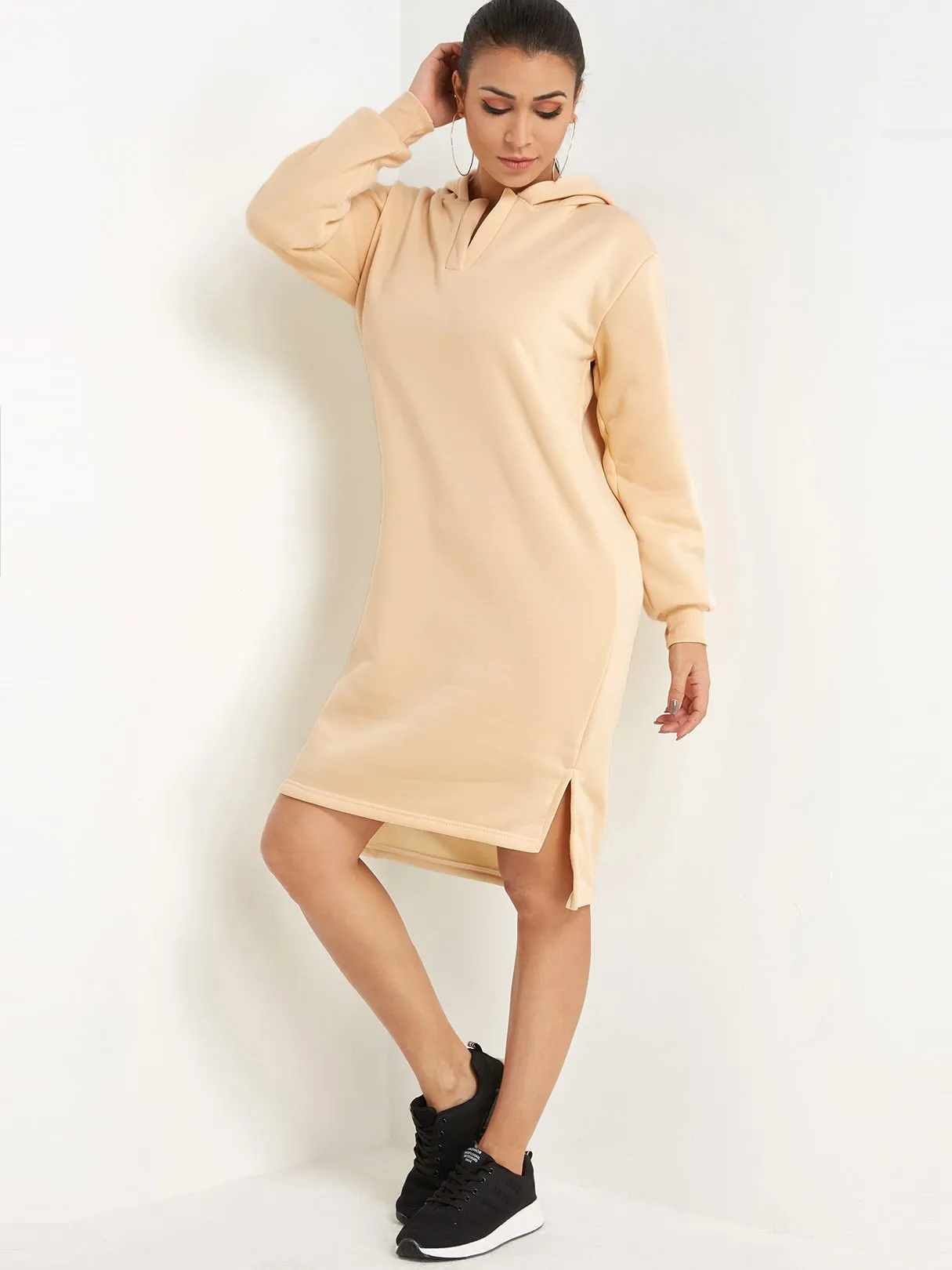 Wholesale Pullover Plain Hooded Long Sleeve Slit Hem Beige Casual Dresses