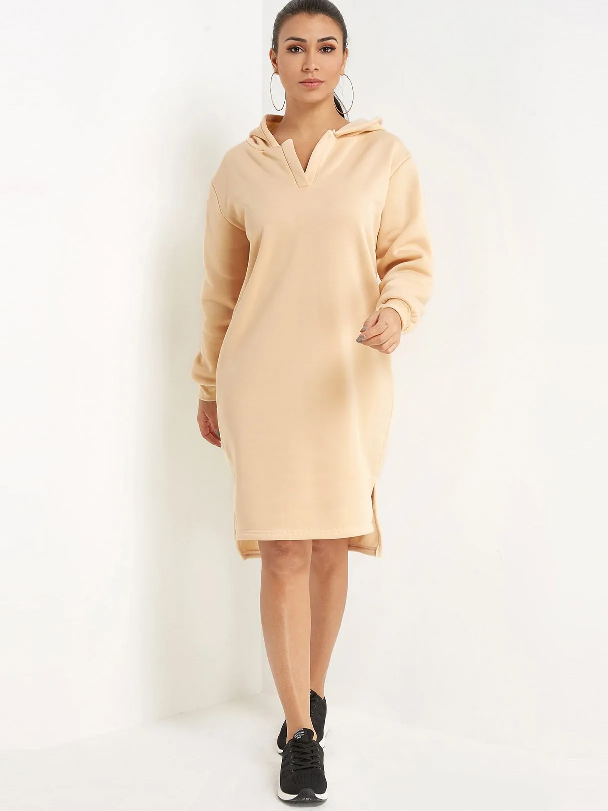 Wholesale Pullover Plain Hooded Long Sleeve Slit Hem Beige Casual Dresses