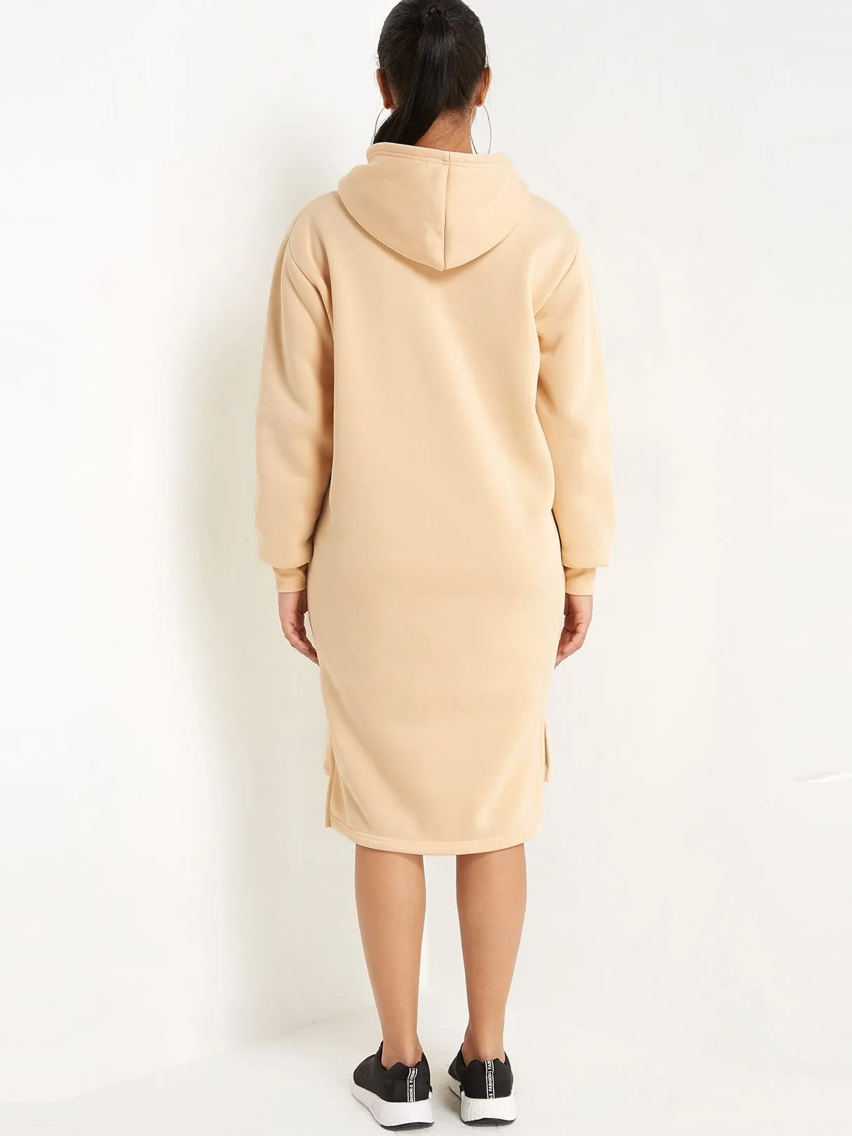 Wholesale Pullover Plain Hooded Long Sleeve Slit Hem Beige Casual Dresses