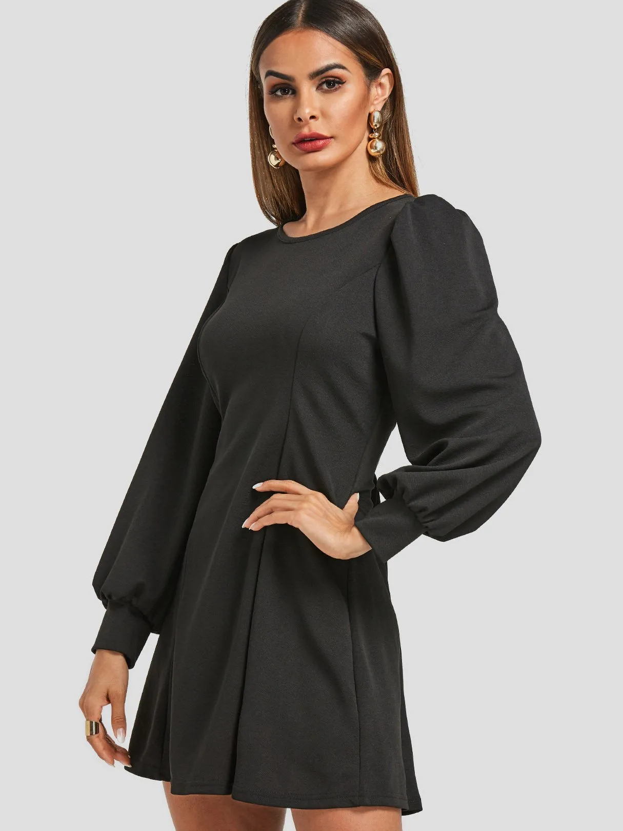 Wholesale Round Neck Plain Long Sleeve Black Casual Dresses