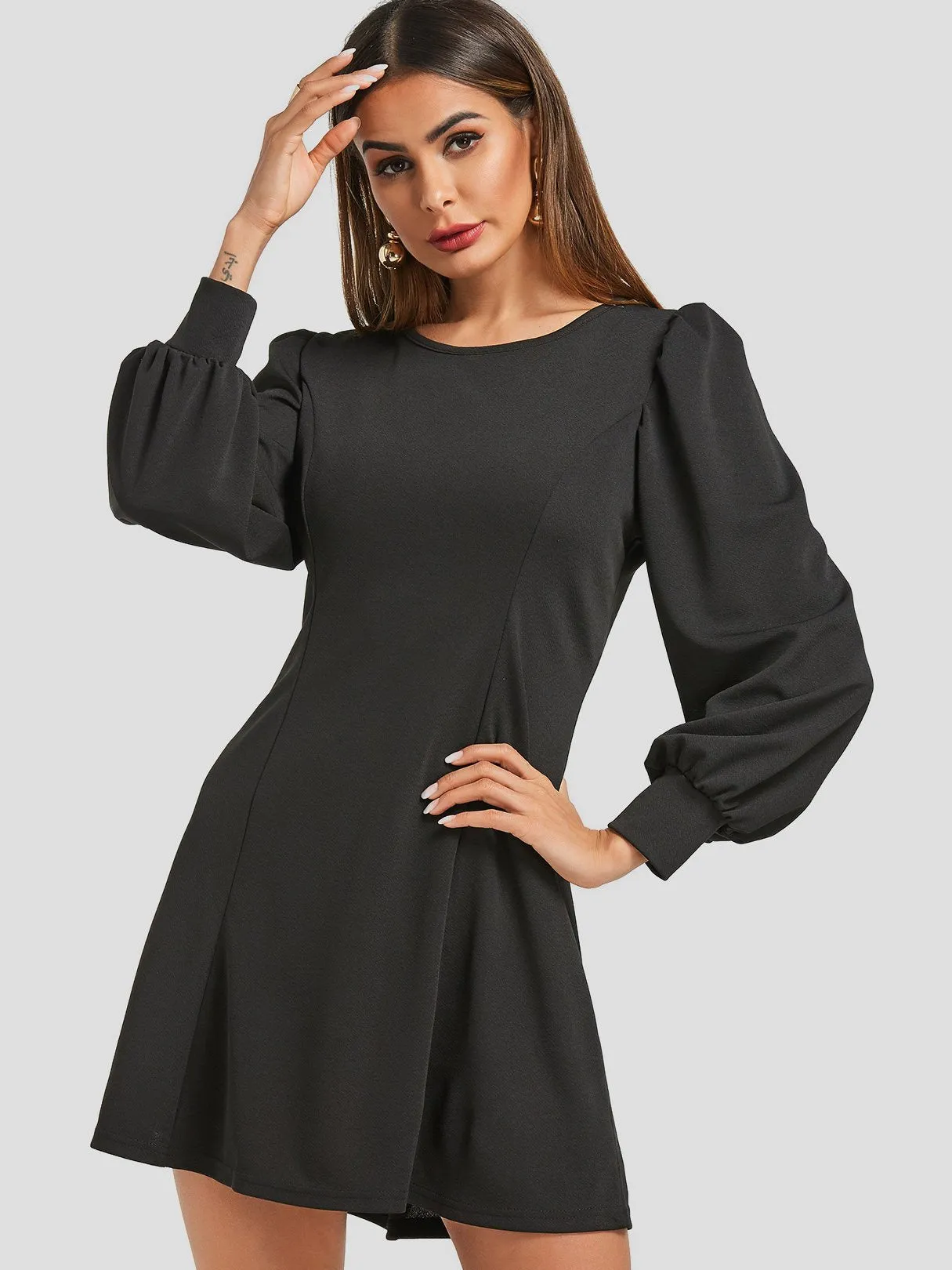 Wholesale Round Neck Plain Long Sleeve Black Casual Dresses