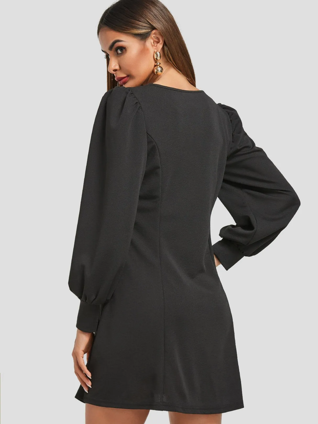 Wholesale Round Neck Plain Long Sleeve Black Casual Dresses