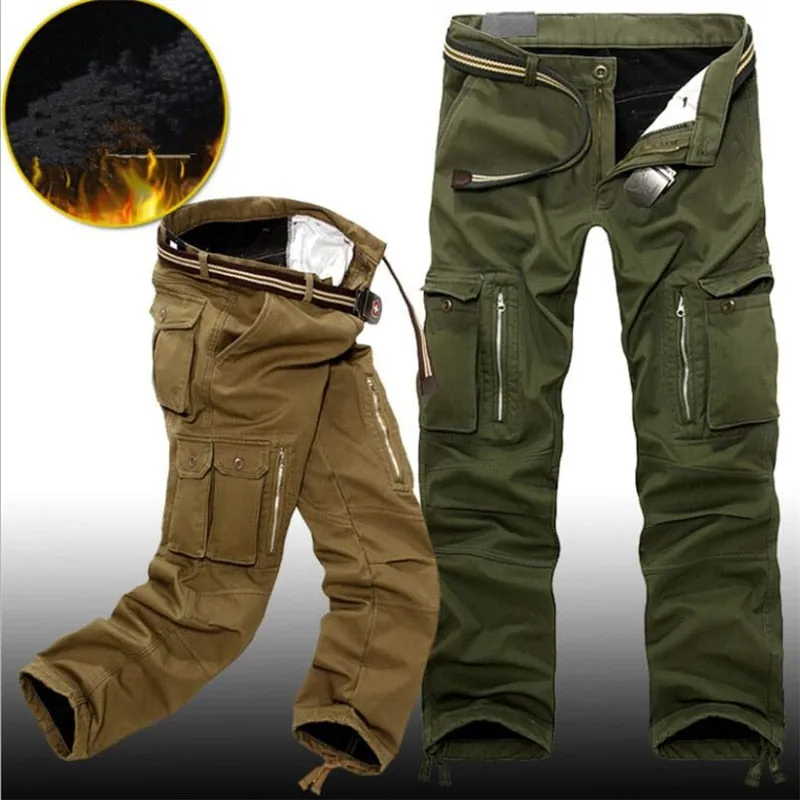 Winter Fleece Warm Tactical Pants Zip Cotton Trousers Loose Army Green Cargo Pants Men Casual