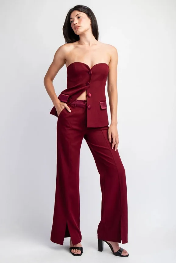Woven Tailored Pants with Satin Contrast Insert Burgundy