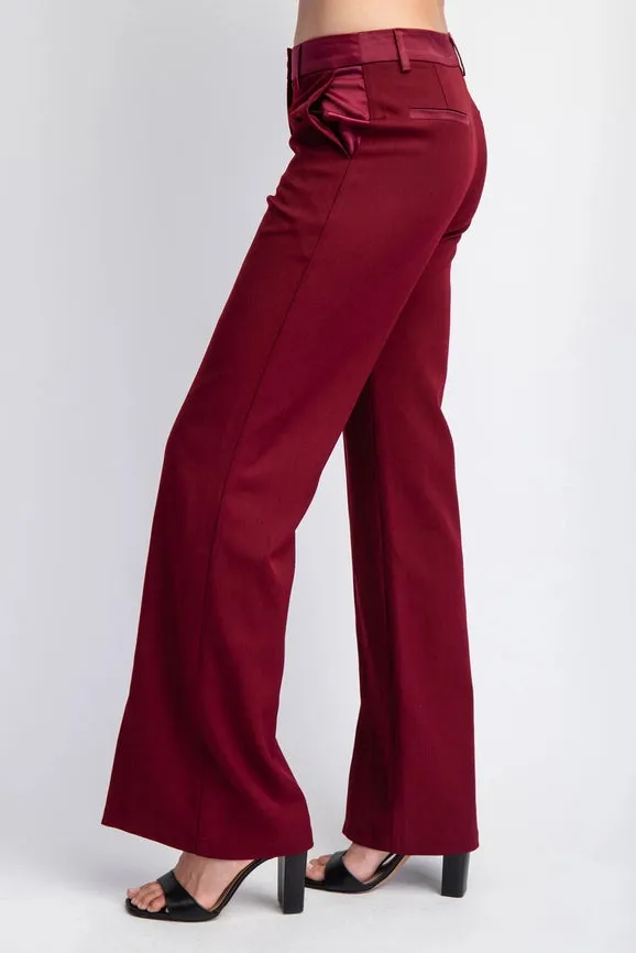 Woven Tailored Pants with Satin Contrast Insert Burgundy