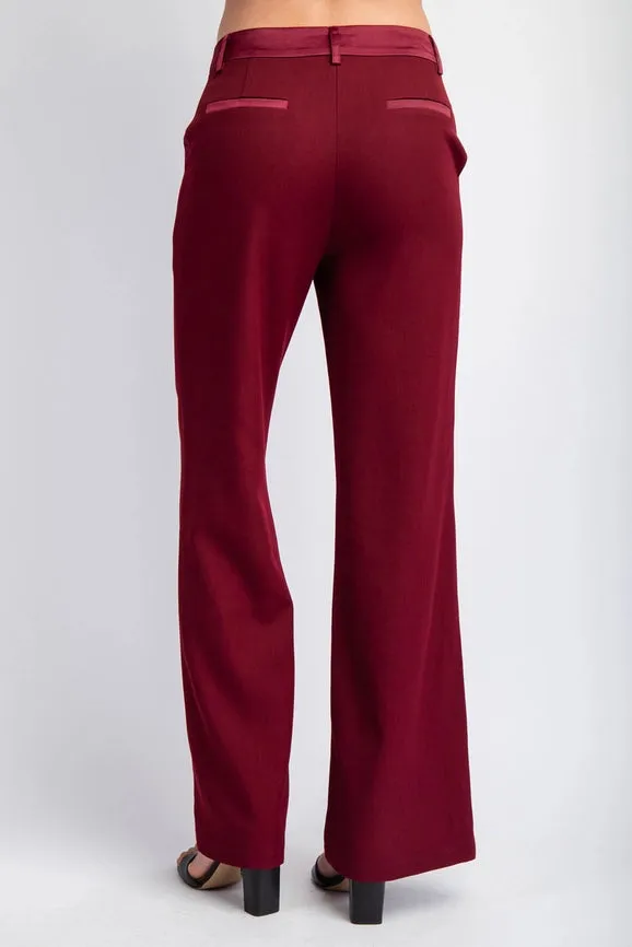 Woven Tailored Pants with Satin Contrast Insert Burgundy